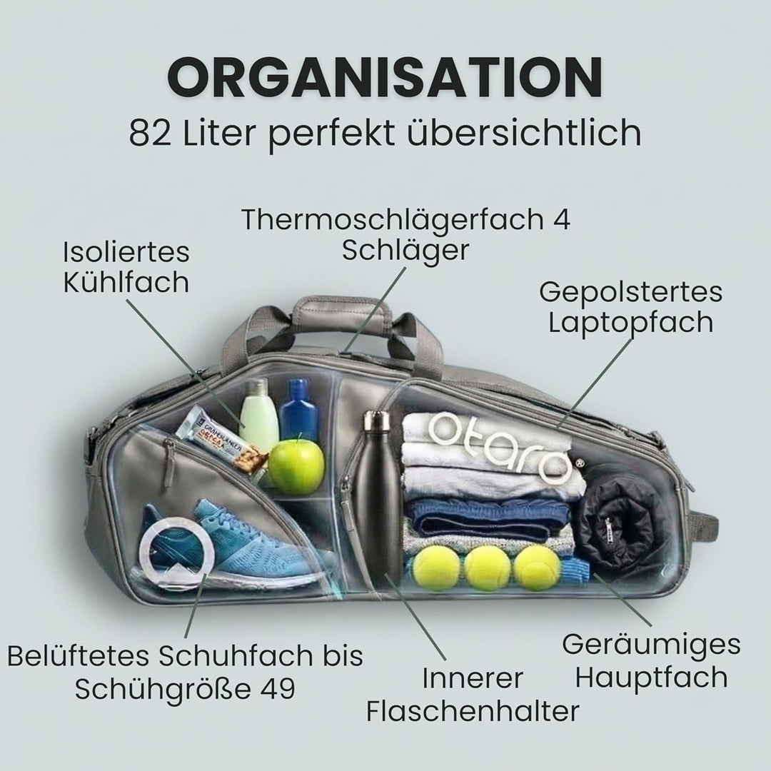 OTARO Tennistasche 82L mit Schuhfach & kühlenden Thermofächern – 3 in 1 Tragesystem, wasserabweisend