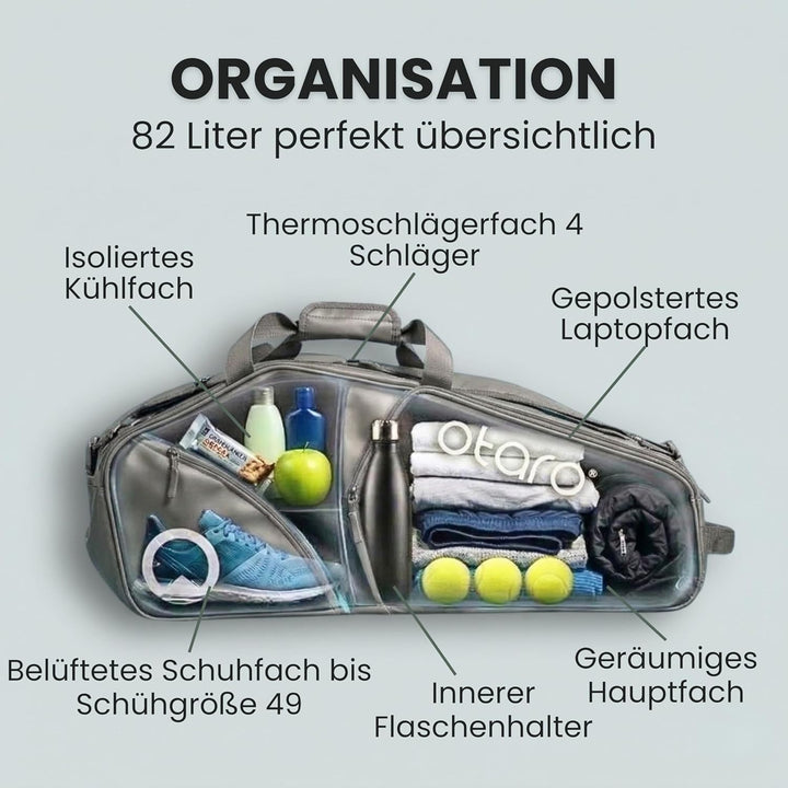 OTARO Tennistasche 82L mit Schuhfach & kühlenden Thermofächern – 3 in 1 Tragesystem, wasserabweisend