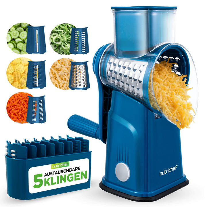 NutriChef Trommelreibe - mit Kurbel - Käsereibe inkl. 5 Trommelblättern - Ideal für Käse Gurken Karo