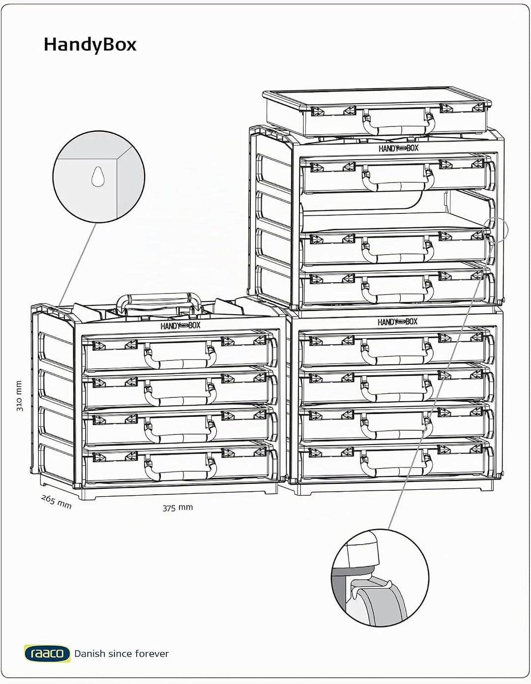 raaco HandyBox 55x4: Sortimentskasten für Werkstatt, Kistenberg mit 4 Sortierkasten für Kleinteile,