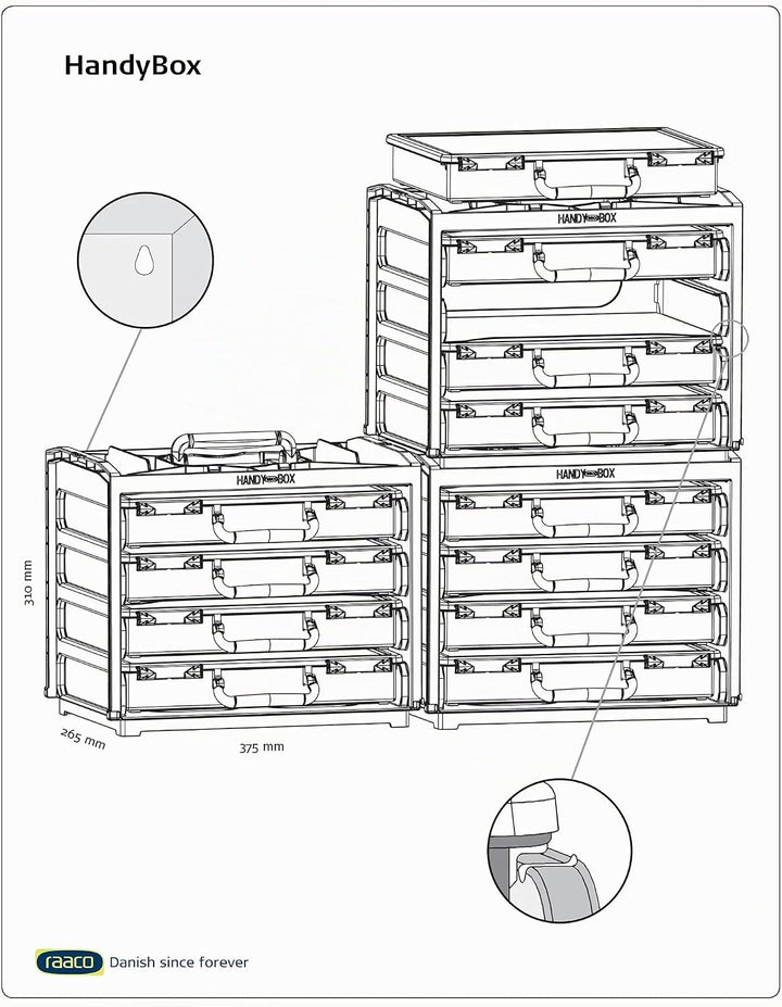 raaco HandyBox 55x4: Sortimentskasten für Werkstatt, Kistenberg mit 4 Sortierkasten für Kleinteile,