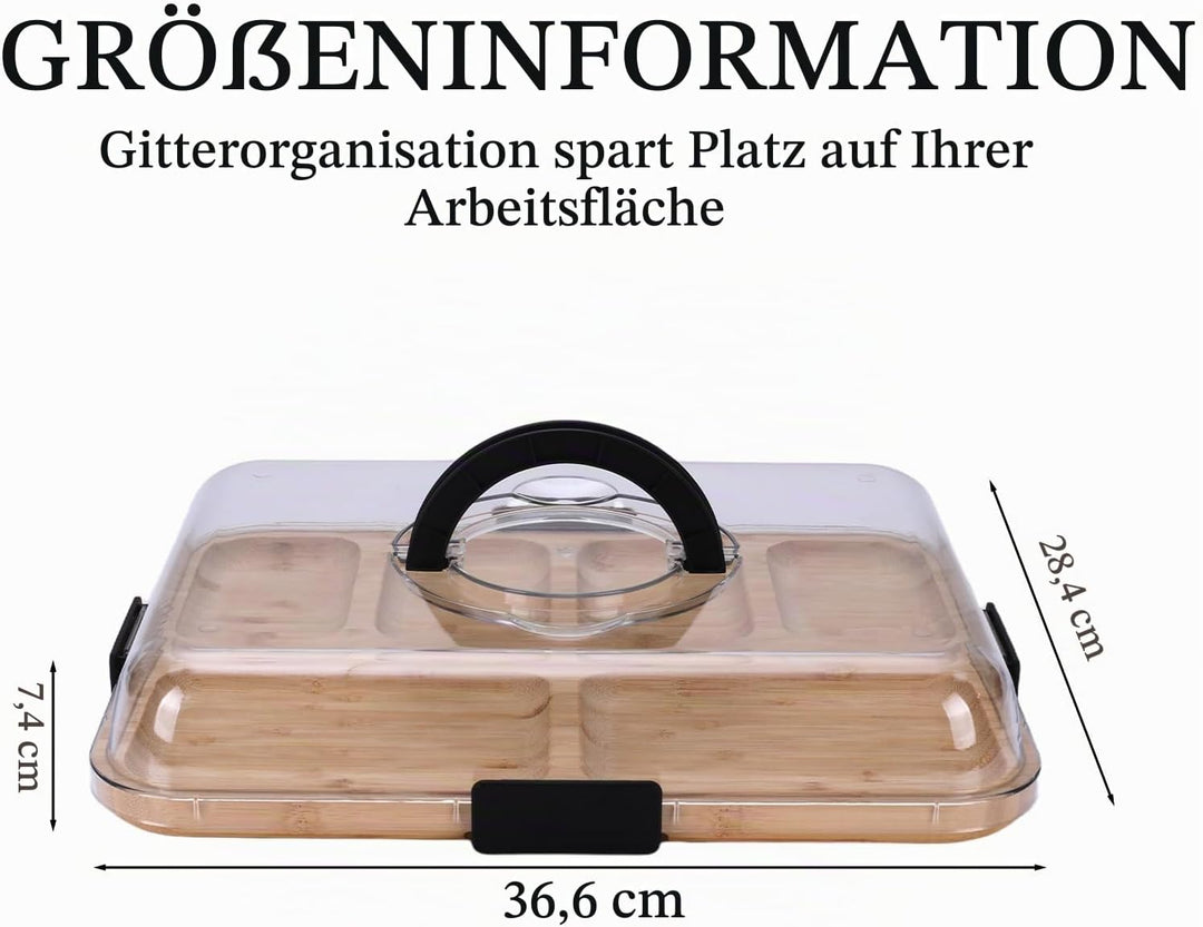 Charcuterie Board mit Deckel – Tragbares Snackbrett mit 6 Fächern &amp; Transparentem Deckel – Reversibl