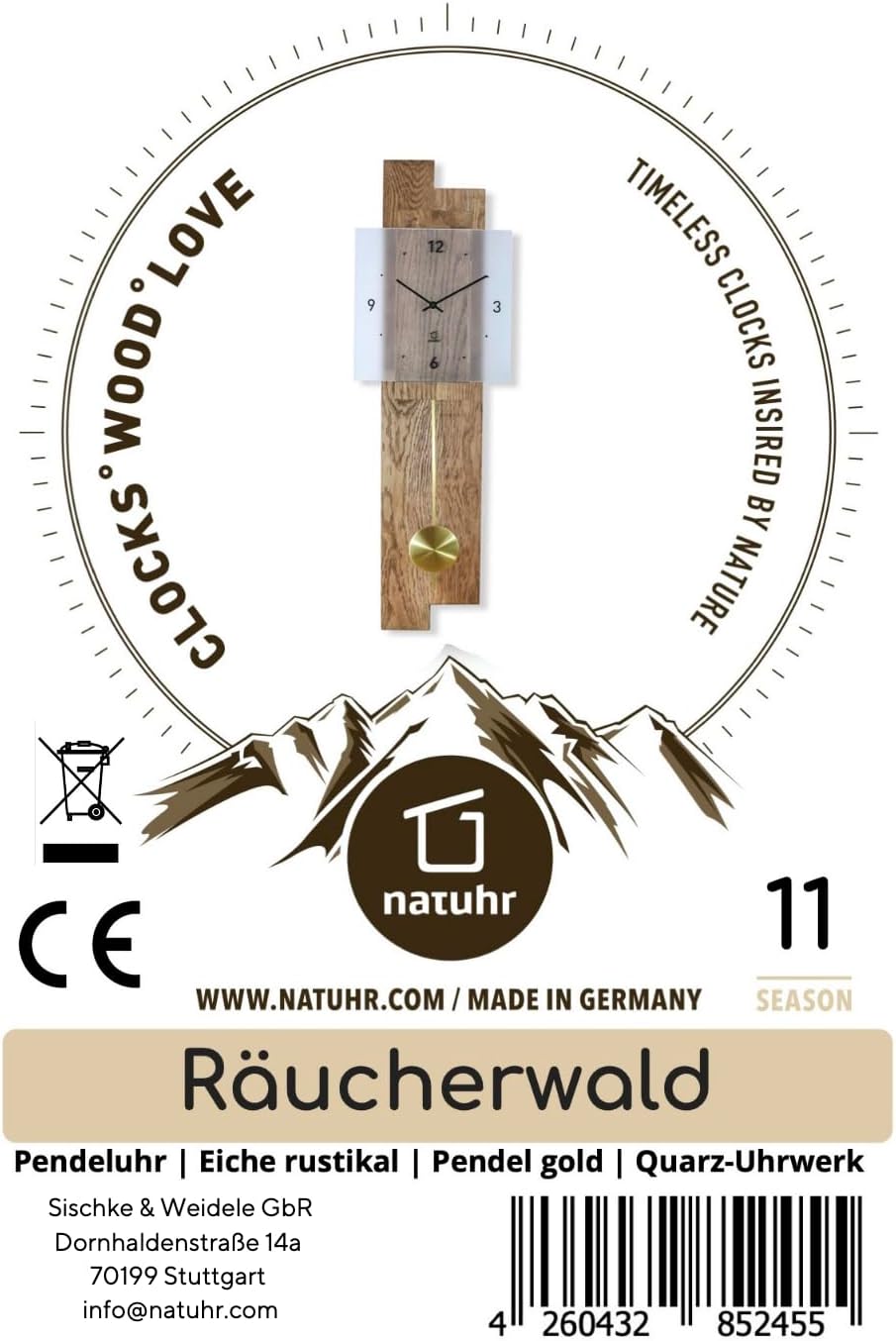 Natuhr Pendeluhr Holz Räucherwald geräuscharm Massivholz Eiche rustikal Mineralglas U.T.S. Uhrwerk M