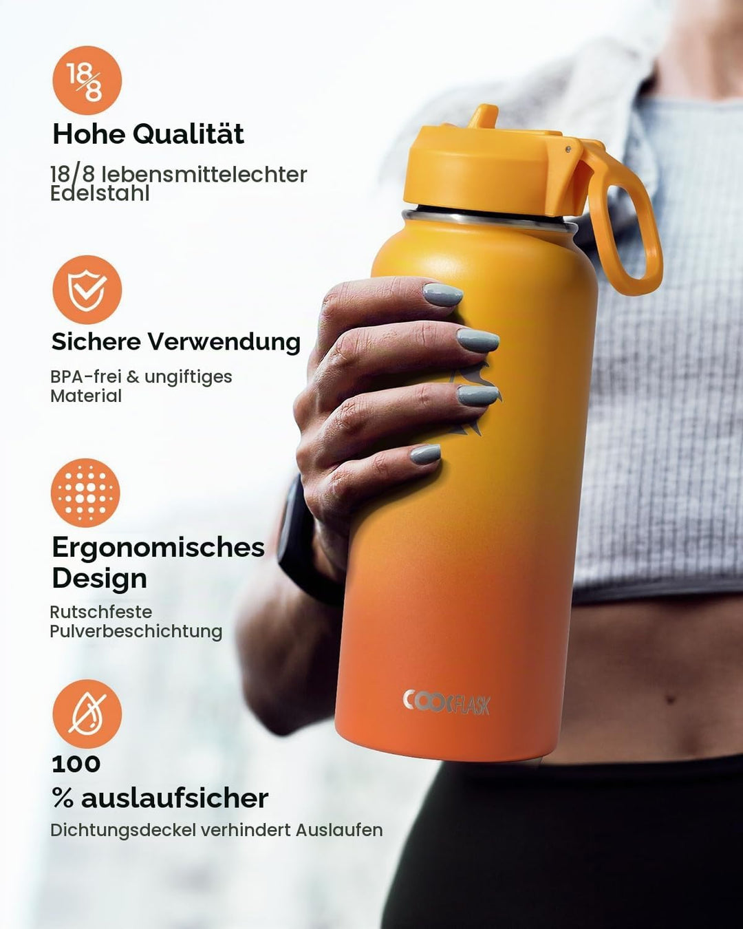 Wasserflasche 0,9 l isoliert mit Strohhalm, Coolflask Edelstahl Metall 3 Deckel Wasserflasche mit br