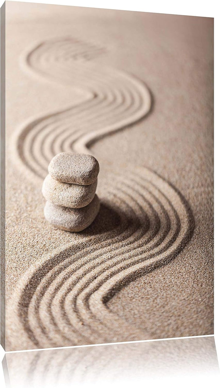 Pixxprint Wellenmuster im Sand mit Steinen, Format: 100x70 auf Leinwand, 100x70