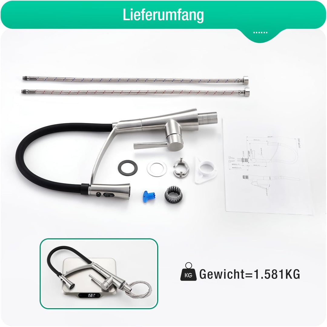 CREA Wasserhahn Küche mit 2 Funktionen Brause, Küchenarmatur mit Ausziehbarer Brause, 360° Drehbare