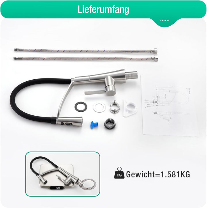 CREA Wasserhahn Küche mit 2 Funktionen Brause, Küchenarmatur mit Ausziehbarer Brause, 360° Drehbare