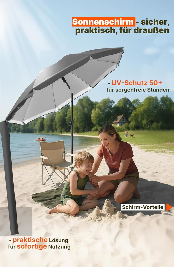 4smile Sonnenschirm für Strand und Balkon Ø 180 cm, Anthrazit - UPF 50+ Balkonschirm SunnyJoy, Stran