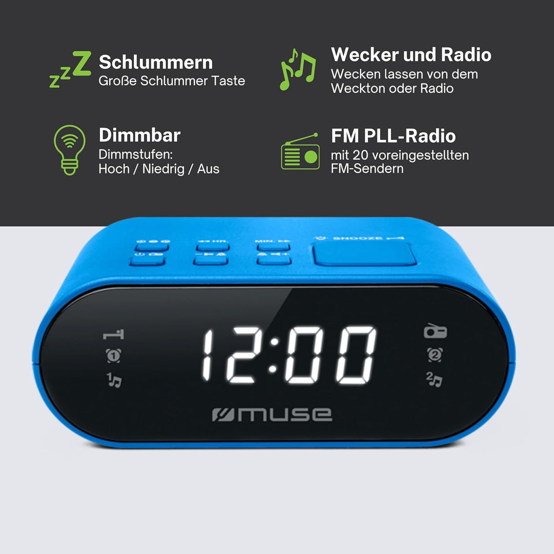 MUSE M-10 BL Radiowecker mit LED-Display, Zwei Weckzeiten, dimmbar, digitaler UKW-Tuner, 20 Sendersp