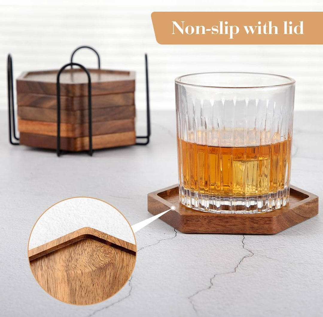 Holz Untersetzer für Gläser 6er Set, Untersetzer aus Akazienholz mit Halter, Glasuntersetzer Tischun