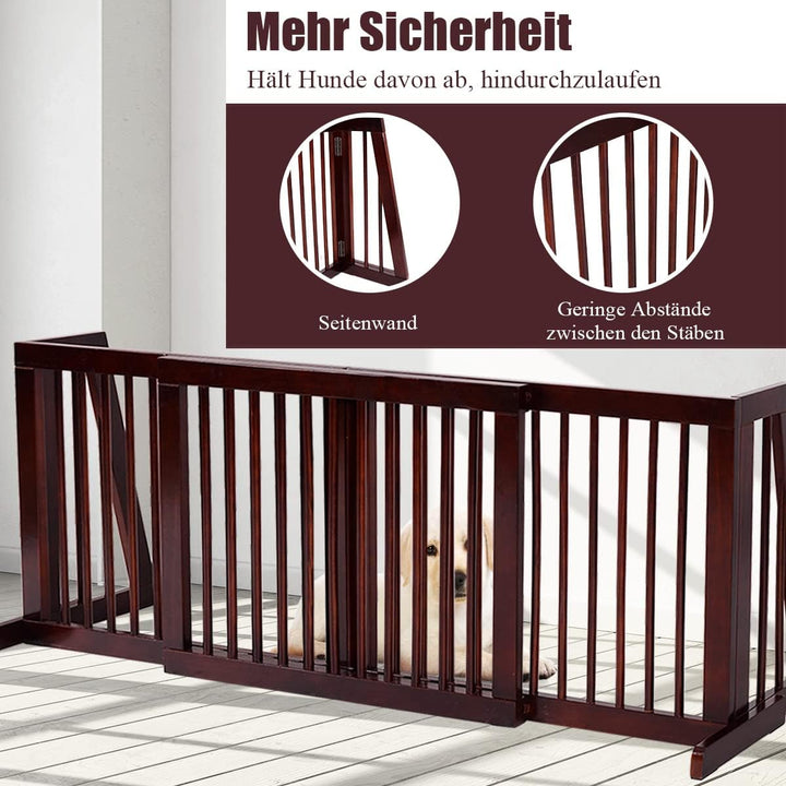 GYMAX Freistehendes Absperrgitter Holz, 140-203 cm einziehbares Haustiergitter, Hundegitter mit 2 St