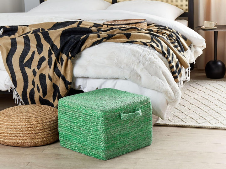 Pouf aus Jute grün 45x45x30 cm Sitzhocker im Boho Stil Dhadar