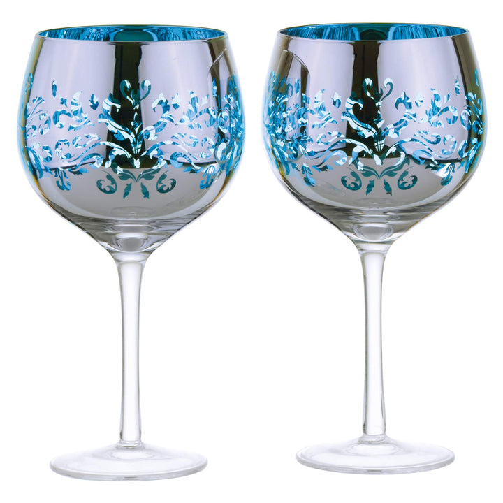 ARTLAND - 2er-Set filigrane Gin-Gläser - Blaue galvanisierte Gläser, verspiegelte Silberoberfläche,