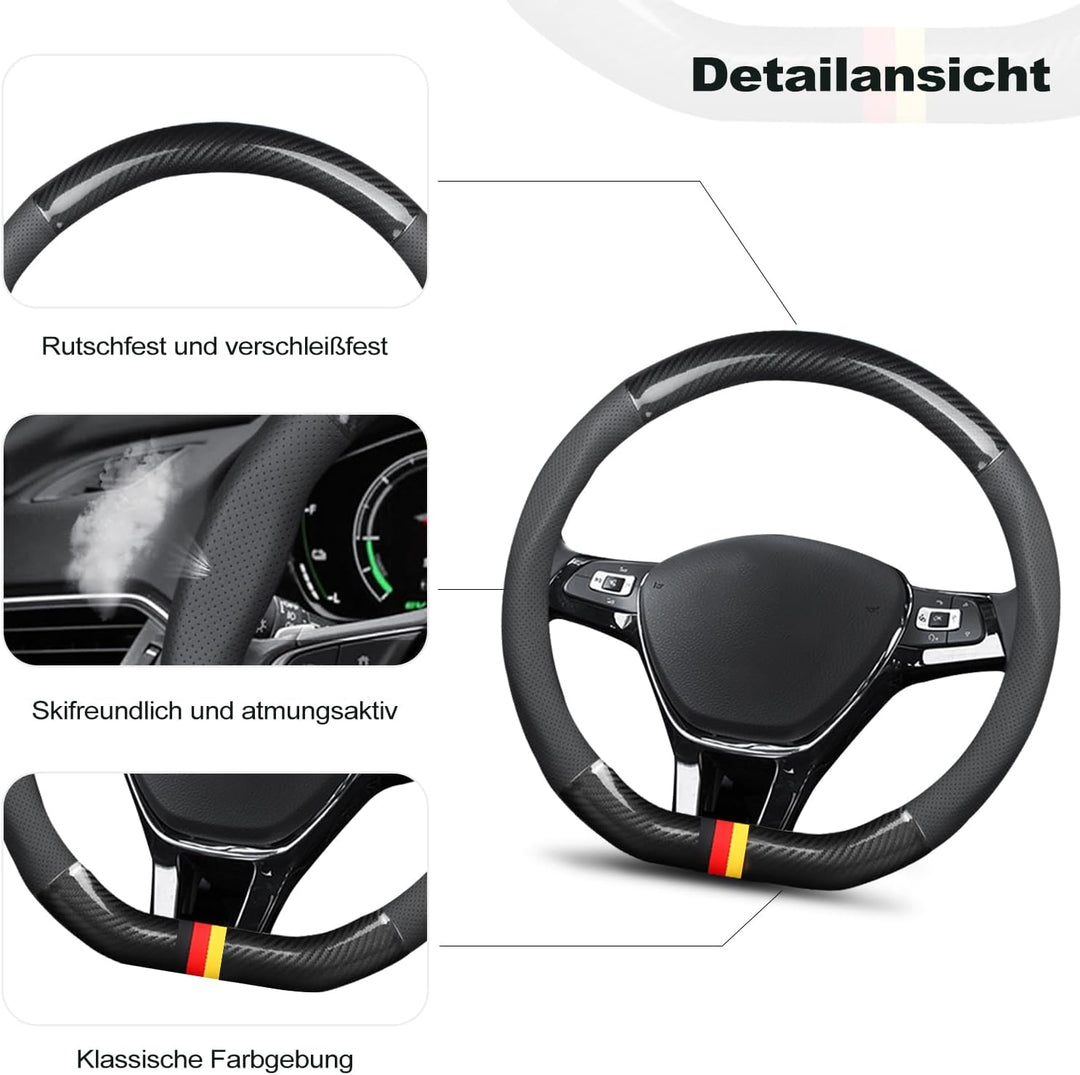 Ergocar Auto Lenkradbezug Rutschfester Auto Lenkradschutz D-Form Kohlefaser & PU Leder für Durchmess