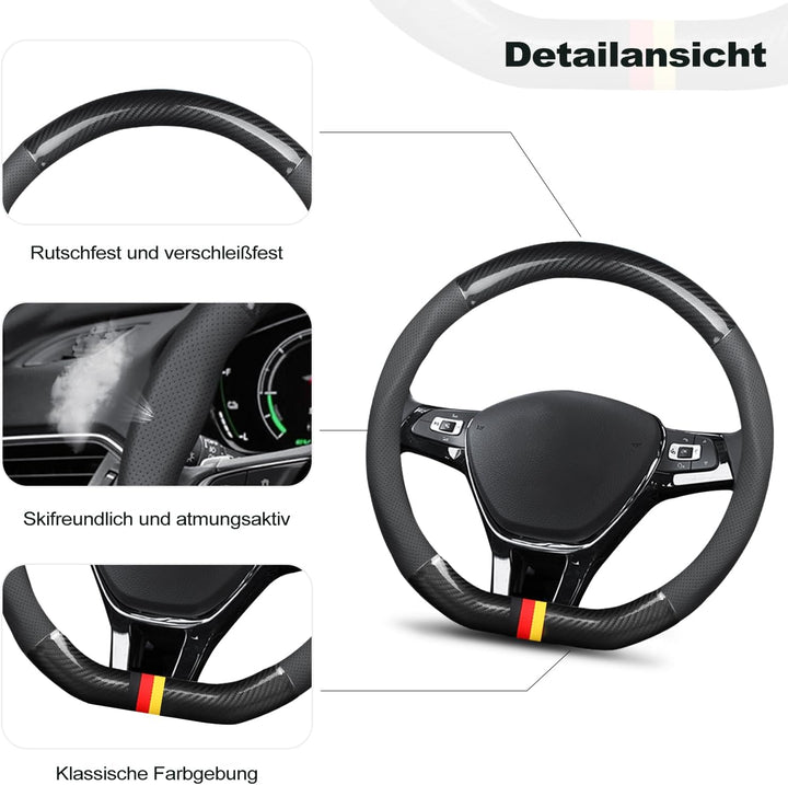Ergocar Auto Lenkradbezug Rutschfester Auto Lenkradschutz D-Form Kohlefaser & PU Leder für Durchmess