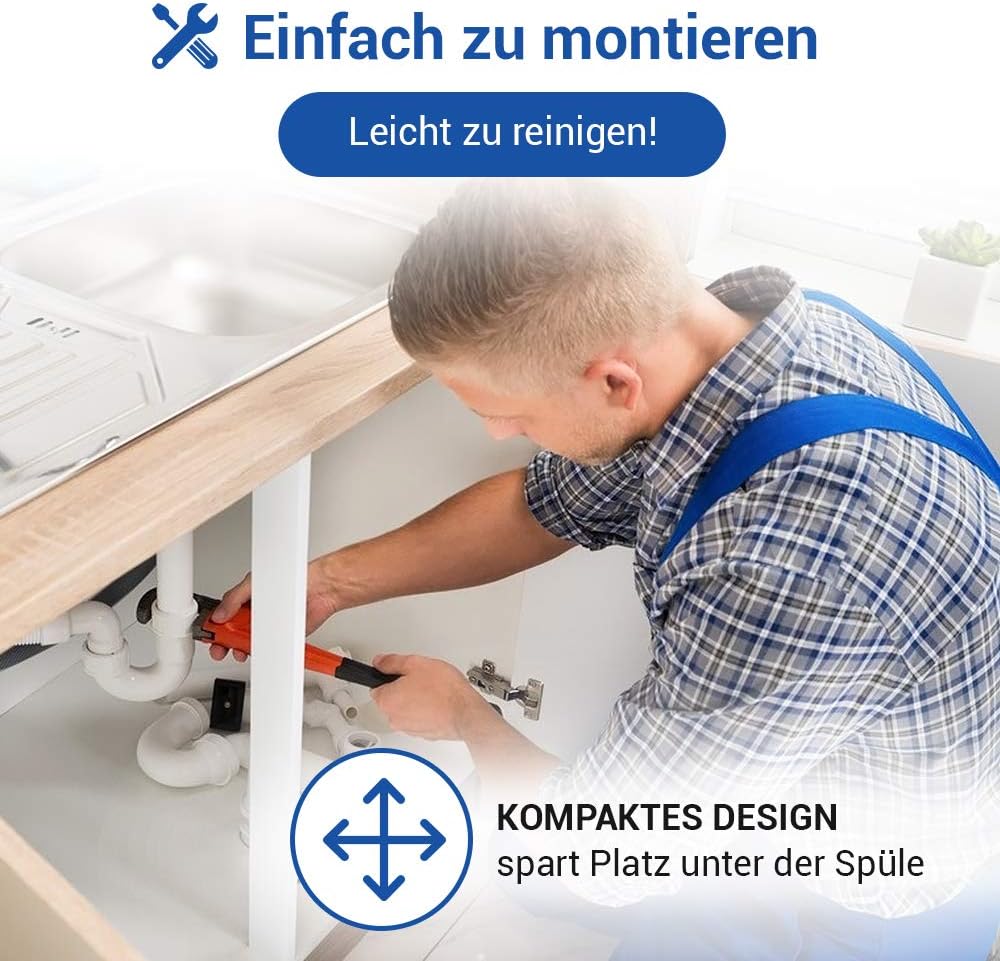 AQUADE Röhrengeruchsverschluss 1 1/2 Zoll Raumsparsiphon mit waagerechtem Abgang 40 mm und 1 Abwasse