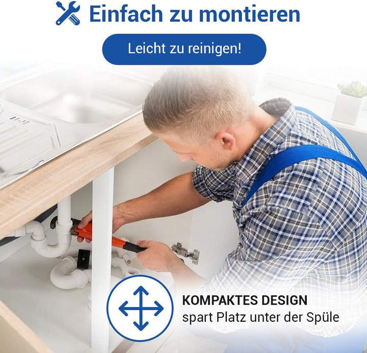 AQUADE Röhrengeruchsverschluss 1 1/2 Zoll Raumsparsiphon mit waagerechtem Abgang 40 mm und 1 Abwasse