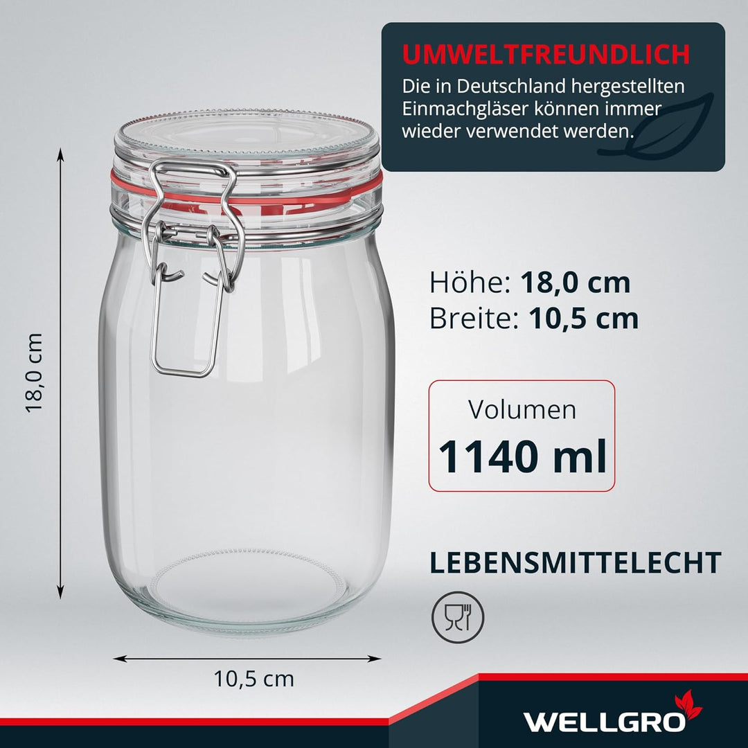 WELLGRO 6x Einmachgläser mit Bügelverschluss rund 1140ml, Fermentierglas, Vorratsgläser mit Deckel -