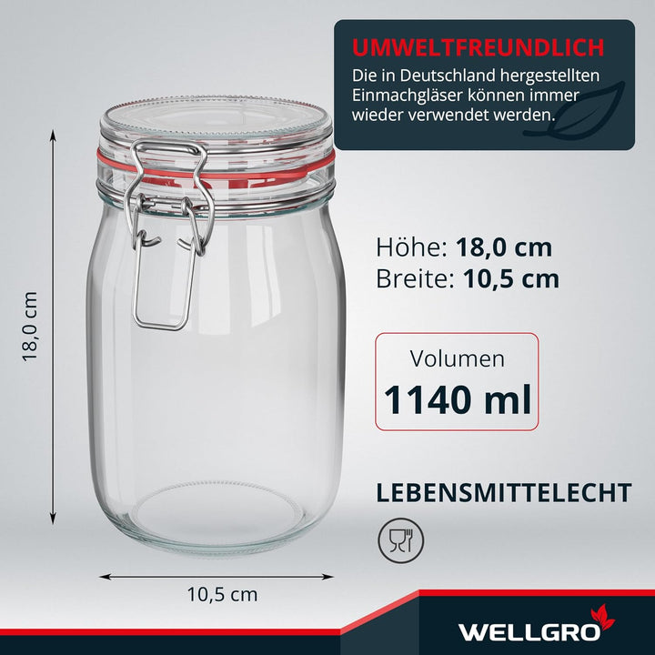WELLGRO 6x Einmachgläser mit Bügelverschluss rund 1140ml, Fermentierglas, Vorratsgläser mit Deckel -