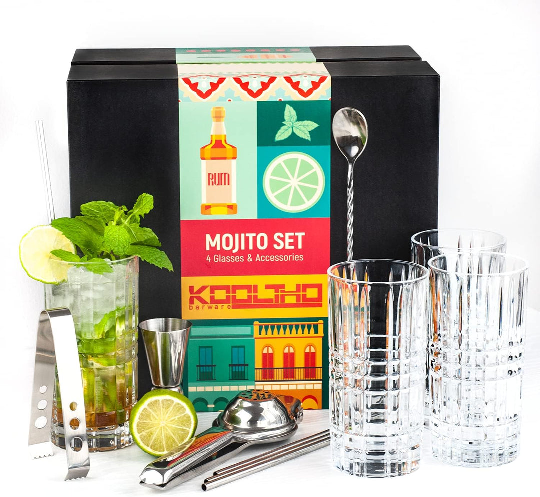 KOOLTHO Mojito Gläser Set Cocktail Geschenkset, Geschenk Cocktails Glas 4er Sets Zubehör Zitronenpre