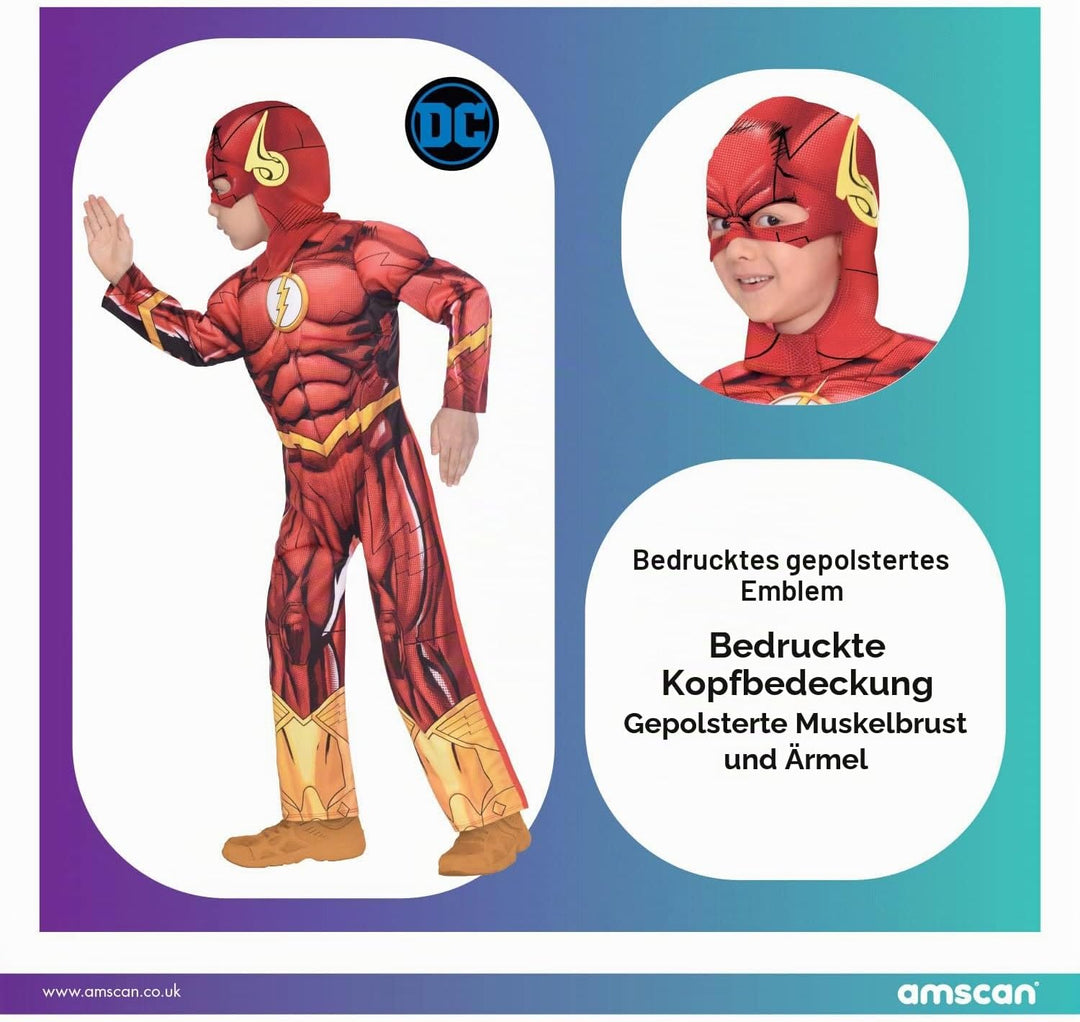 amscan - Kinderkostüm The Flash, Overall mit ausgepolsterter Brust, Maske, Serie, DC Super Heroes, M