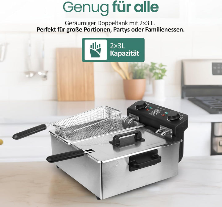 EMERIO 2x 3.0L Öl-Fritteuse mit Kaltzonen Technologie | Doppelkammer | Thermostat | kein bitterer Ge