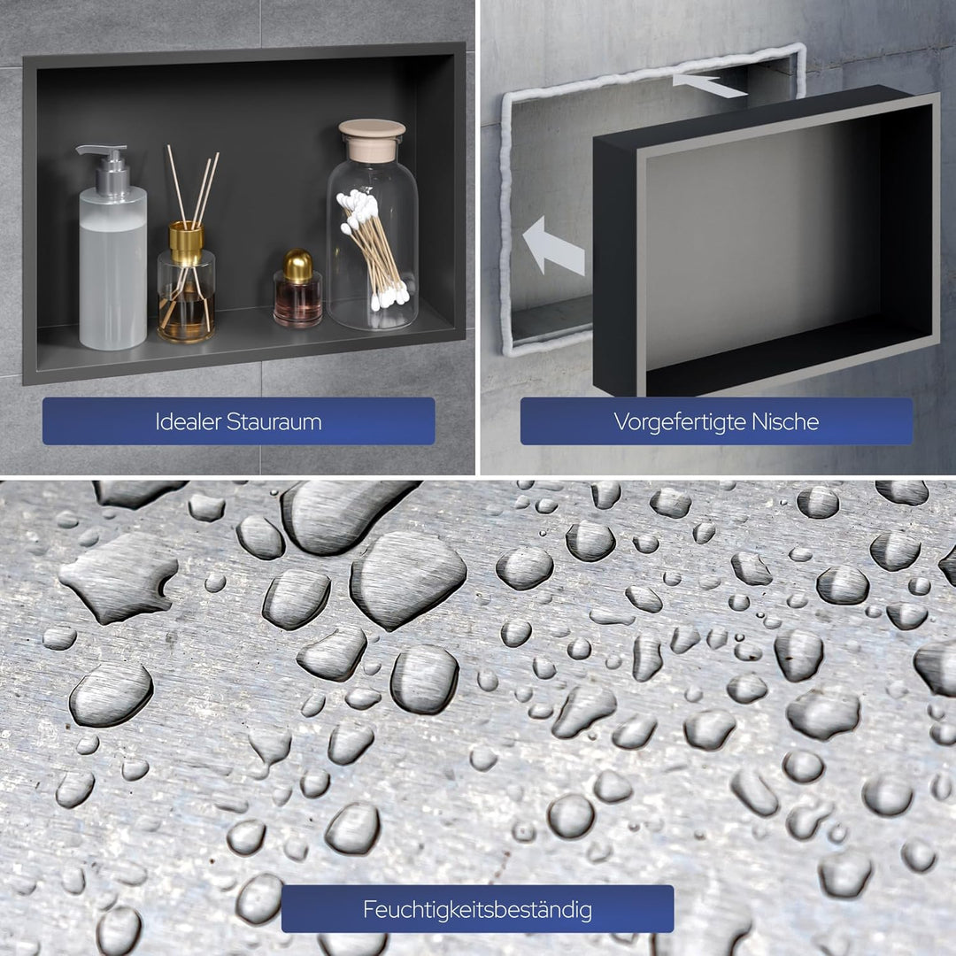 VILSTEIN Wandnische Dusche 30x30 cm [ROSTFREI] - Randlose Duschnische - Wandnische Schwarz - Einbaur