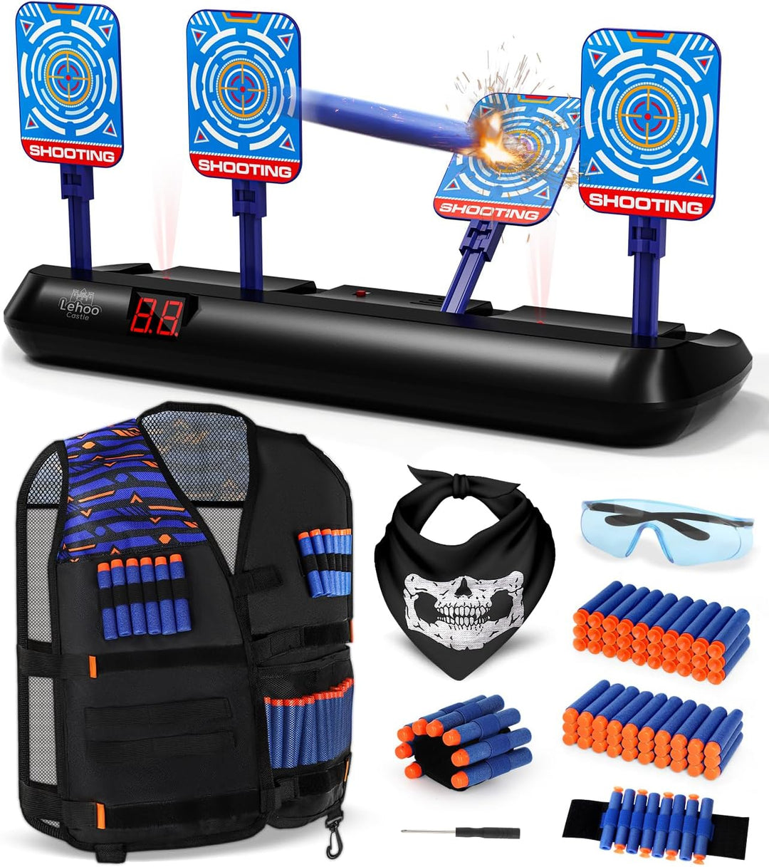 Lehoo Castle Nerf Zielscheibe, Nerf Zielscheibe Elektrisch mit Taktische Weste, 4 Ziele Auto-Reset Z