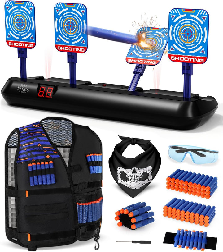 Lehoo Castle Nerf Zielscheibe, Nerf Zielscheibe Elektrisch mit Taktische Weste, 4 Ziele Auto-Reset Z