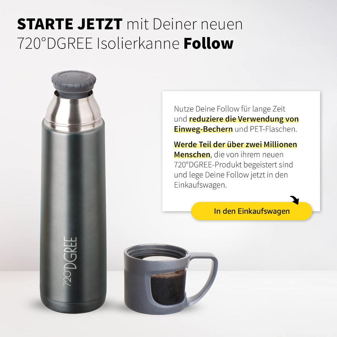 720°DGREE Thermoskanne mit Becher “Follow” - 450ml - 3 Grössen, Auslaufsicher, BPA-Frei - Edelstahl