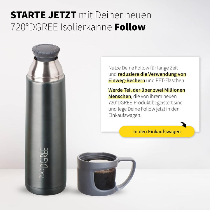 720°DGREE Thermoskanne mit Becher “Follow” - 450ml - 3 Grössen, Auslaufsicher, BPA-Frei - Edelstahl