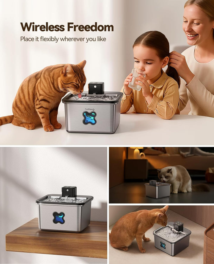 FEELNEEDY Katzenbrunnen Kabellos 3.2L mit 6 Filters, Trinkbrunnen für Katze Edelstahl 4000mAh Akku,