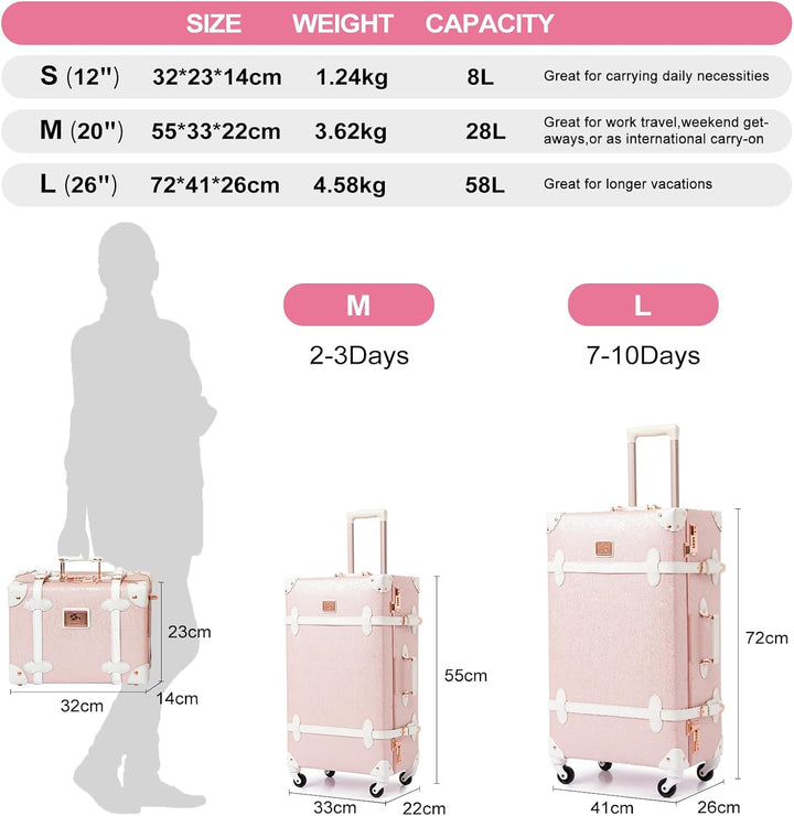 Urecity Koffer Vintage mit 4 Rollen Trolley Koffer Reisekoffer Leicht Retro Hartschalen Koffer 2-Tei