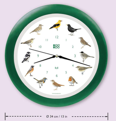 KOOKOO Singvögel Quarzwerk Grün, Die Singende Vogeluhr, runde Wanduhr mit natürlichen Vogelstimmen,