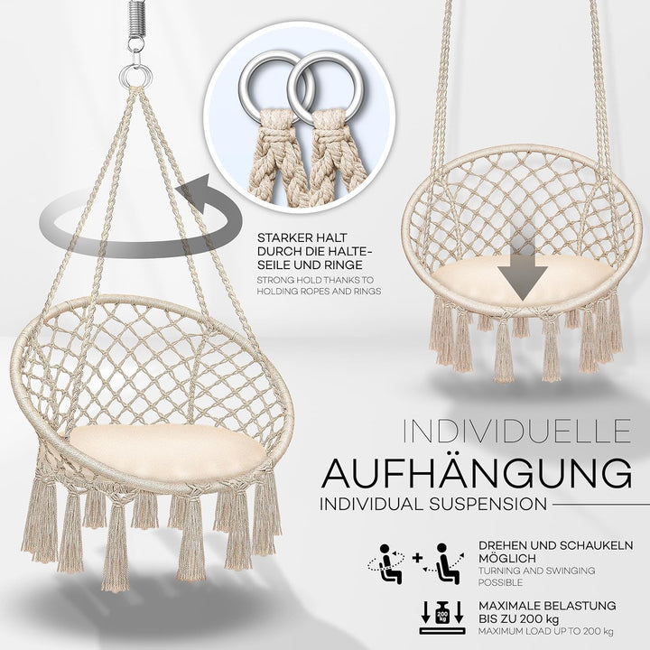 tillvex Hängesessel 200kg zum Aufhängen | Hängestuhl Indoor & Outdoor | Hängekorb wetterfest | Schau