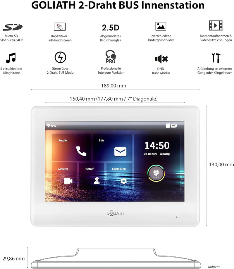 Goliath Hybrid | 2-Draht | Full-HD Video Türsprechanlage | App | 1-Fam | 2 x Full-Touchscreen 7" | A
