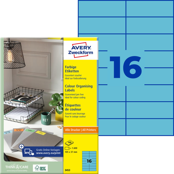 AVERY Zweckform 3453 Blaue Etiketten (1.600 Aufkleber, 105x37mm auf A4, permanent haftend, selbstkle