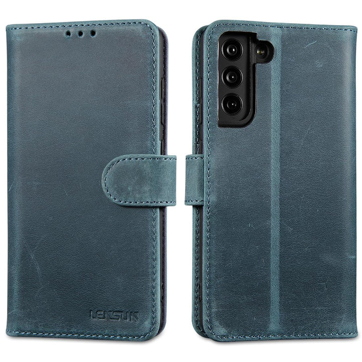 LENSUN Echtleder Hülle für Samsung Galaxy S21 FE 5G, Handyhülle Echt Leder [3 Kartenfächer][RFID Sch