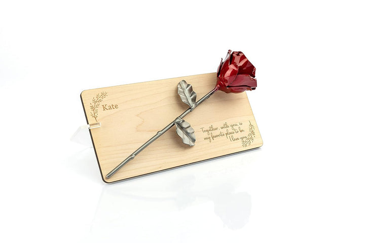 Forging Art Bcn Rose aus Schmiedeeisen auf Holzrahmen mit personalisierter Gravur (Walnuss), Walnuss