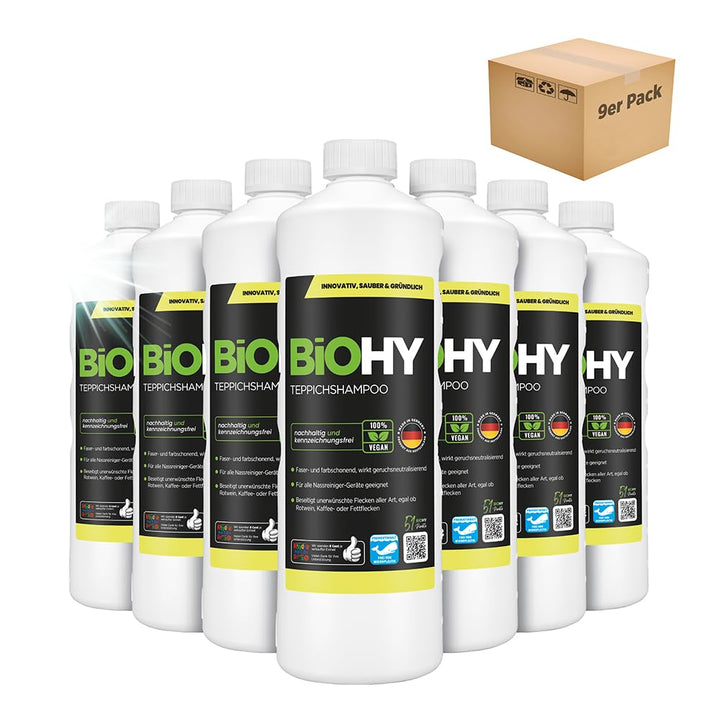 BiOHY Teppichshampoo (9 x 1 Liter) | Teppichreiniger Konzentrat | ideal gegen hartnäckige Flecken |