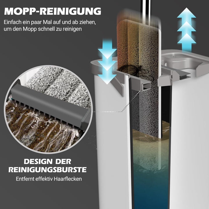 MASTERTOP Wischmopp Set mit Eimer, Flachmopp Bodenwischer mit 5 Mopp Pads und Langem Griff, 2 in 1 P