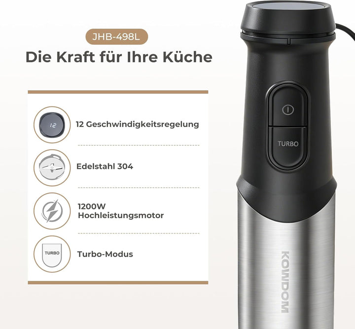 Stabmixer Set, Edelstahl Pürierstab für Suppen, Babybrei & Sossen | 12 Geschwindigkeitsstufen + Turb