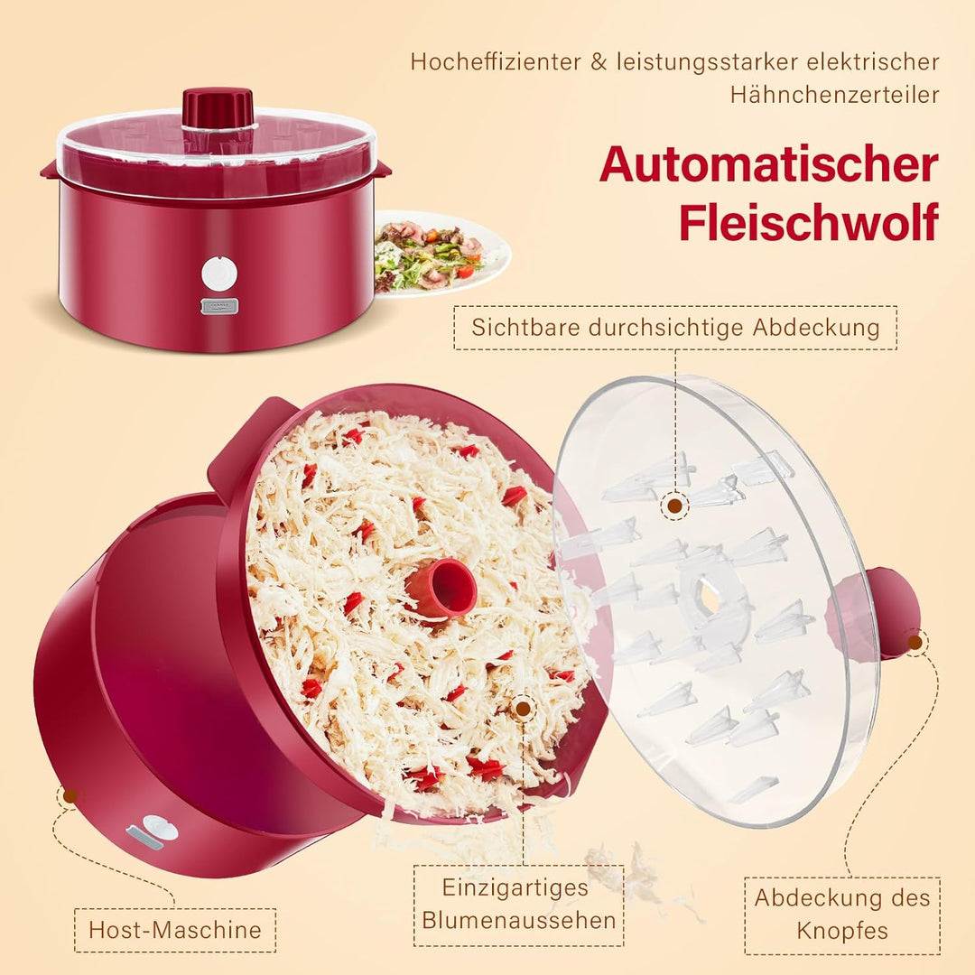 Automatischer Elektrischer Hähnchen-Zerkleinerer|Typ-C Schnellladung & 60min Laufzeit|8"/20CM sichtb
