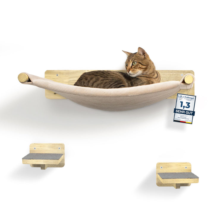 WOOWOOD Katzen Kletterwand 3-teilig, Hängematte und 2 Katzentreppen, 3-teilig