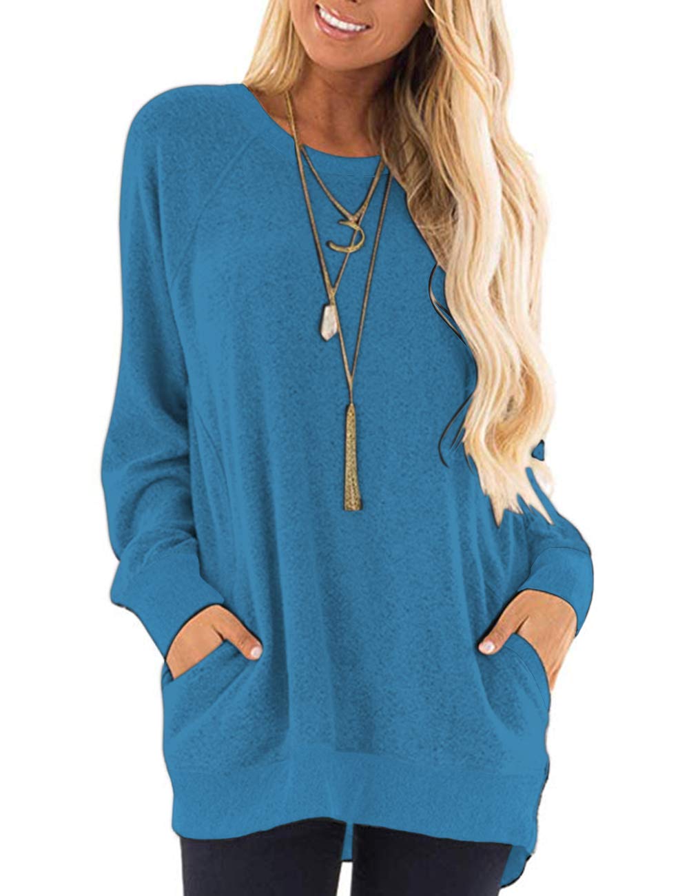AUSELILY Damen Langarmshirts Rundhals T Shirts Blusen Tunika Sweatshirt Pullover Mit Taschen Blau S,