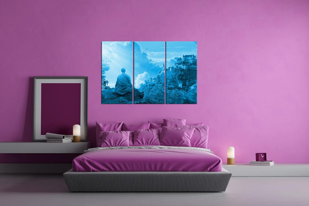 deyoli Buddhistischer Mönch Format: 120x80 3Teilig Effekt: Monocrome Blau als Leinwandbild, Motiv fe