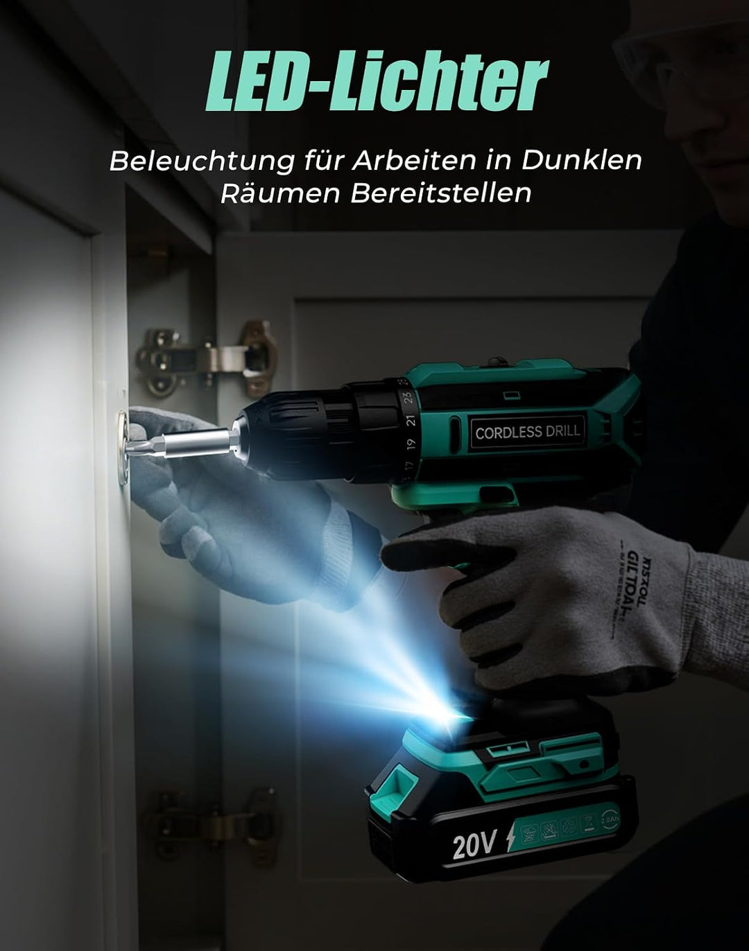 Akkuschrauber, 20V Akku Bohrschrauber, 25+1 Drehmomentstufen Akkubohrer, 42Nm Max Drehmoment, LED-Li