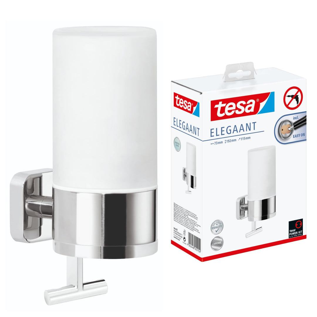 tesa ELEGAANT Seifenspender-Set, Milchglas und verchromtes Metall - Flüssigseifenspender zur Wandbef