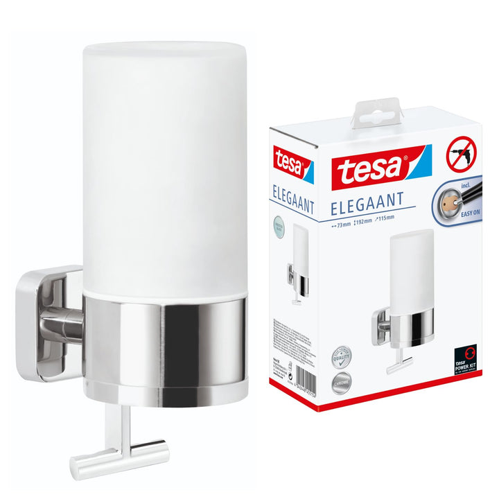 tesa ELEGAANT Seifenspender-Set, Milchglas und verchromtes Metall - Flüssigseifenspender zur Wandbef