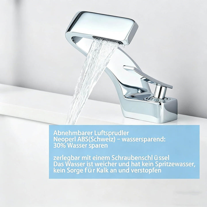 Waschtischarmatur, Wasserfallarmatur, Einhebelmischer Silber Messing, 360° schwenkbar – Armatur Bade